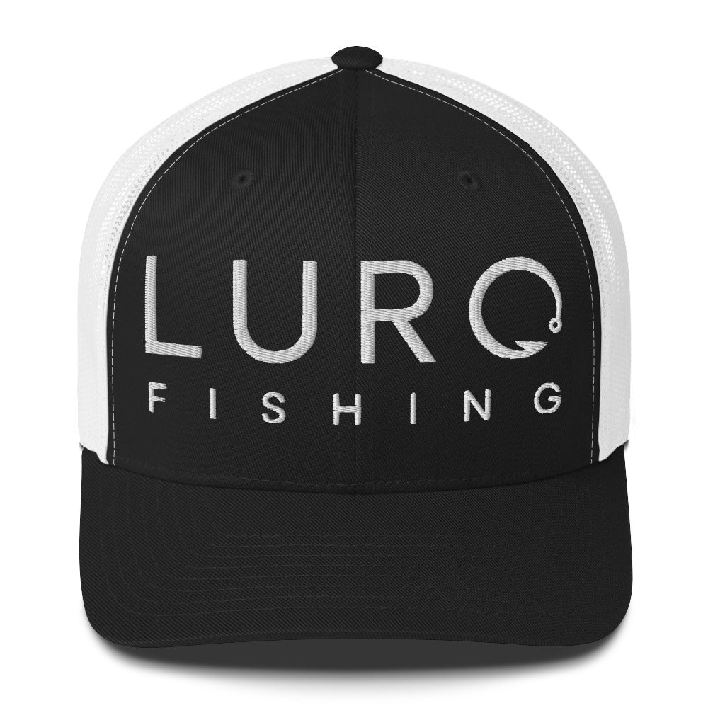 Fishing Trucker Hat Black and White Front